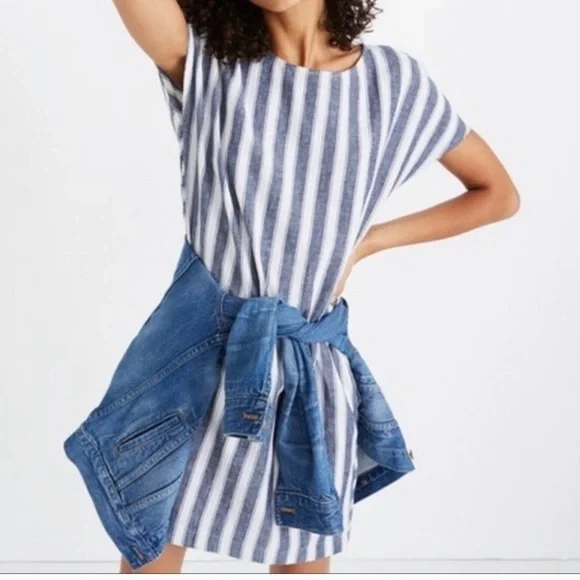 Women's Madewell Stripe Play Button Back Dress, Size X-Small - Blue